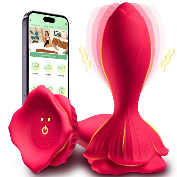 APP-styret Rose Butt Plug - 9 vibrationer, vandtæt